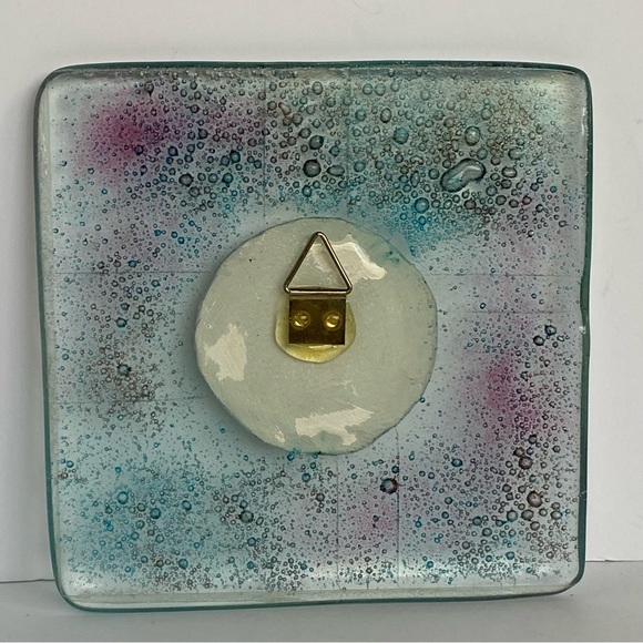 Fused Art Glass Wall Hanging Cherub Cupid Angel Plaque Blue Green 5.25” Square - Picture 16 of 16